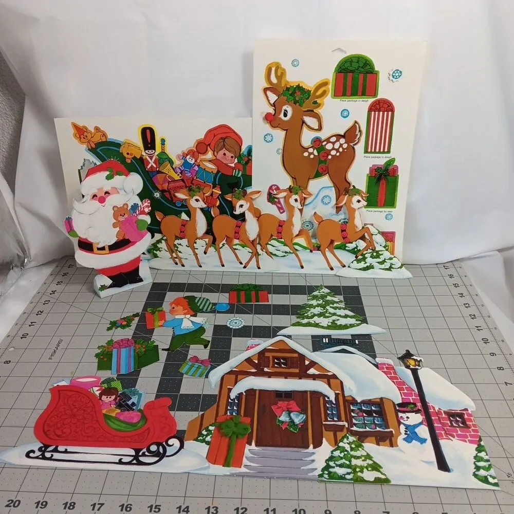 Hallmark Cutouts Christmas Santa Rudolph Reindeer Sleigh Lot Vintage Incomplete